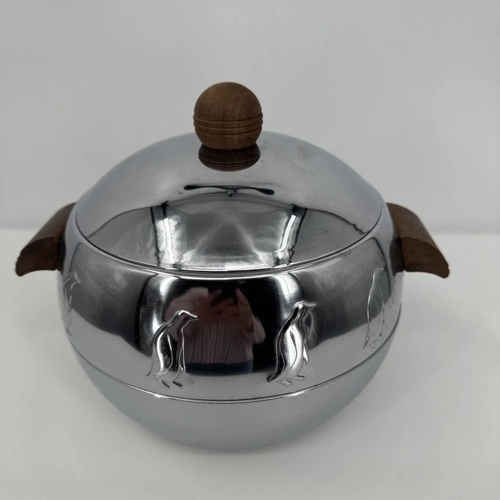 Vintage MCM Penguin Hot and Cold Server Dish Ice Bucket Chrome By West Bend